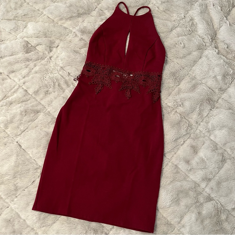 Burgundy Halter Backless Mini Dress with Lace Accents